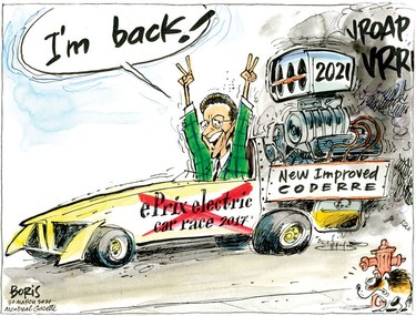 Editorial cartoon of Denis Coderre yelling "I'm back!" while driving a souped-up Formula E car