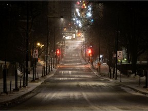 Peel St. after curfew on Tuesday, March 2, 2021.