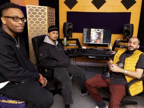 “If you came here to rap or sing, and all you left with was being a better rapper or singer, then I don’t think I did my job properly,” says NBS Studio director Jai Nitai Lotus, right, with producers Kamino, left, and Yama//Sato. “This is really about expanding and growing, and taking that with you in your everyday life.”