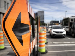 Traffic is reduced to two lanes because of construction work in Montreal in September 2020.