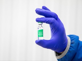 A vial of some of the first 500,000 of the two million AstraZeneca COVID-19 vaccine doses that Canada has secured through a deal with the Serum Institute of India in partnership with Verity Pharma at a facility in Milton, Ont., March 3, 2021.