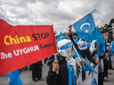 Uighurs protest near the China consulate in Istanbul on March 8, 2021.