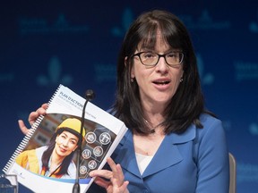 Sonia LeBel speaks during a news conference in Montreal, Sunday, March, 21, 2021, announcing an action plan for the construction industry.