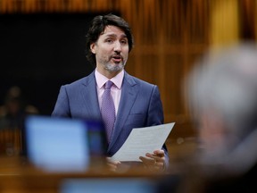 FILE PHOTO: Canada's Prime Minister Justin Trudeau speaks during Question Period, as efforts continue to help slow the spread of the coronavirus disease (COVID-19), in the House of Commons on Parliament Hill in Ottawa, Ontario, Canada February 24, 2021. REUTERS/Blair Gable/File Photo