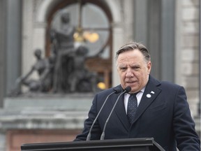Quebec Premier François Legault speaks during a ceremony for the victims of COVID-19, Thursday, March 11, 2021 at the legislature in Quebec City.