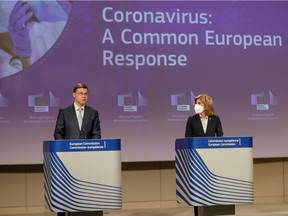 European Commissioner for Health and Food Safety Stella Kyriakides and EC Vice-President Valdis Dombrovskis hold a news conference on the export transparency and authorisation mechanism of COVID-19 vaccines at the EC in Brussels, Belgium March 24, 2021. Stephanie Lecocq/Pool via REUTERS