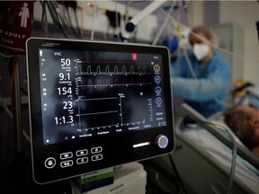 A monitoring screen is seen in the Intensive Care Unit (ICU) where patients suffering from the coronavirus disease (COVID-19) are treated at the Melun-Senart hospital, near Paris, France, March 8, 2021. REUTERS/Benoit Tessier