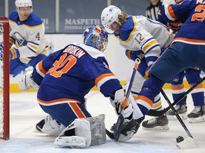 Buffalo Sabres centre Eric Staal attempts to shoot against New York Islanders goalie Ilya Sorokin during the first period at Nassau Veterans Memorial Coliseum in Uniondale, N.Y., on March 4, 2021.
