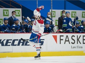 The Canadiens’ Phillip Danault celebrates after scoring his first goal of the season in a 5-1 win over the Canucks Wednesday night in Vancouver.