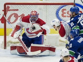 Montreal Canadiens goalie Carey Price (31) makes a save against the Vancouver Canucks in the second period at Rogers Arena. Montreal won 5-1.