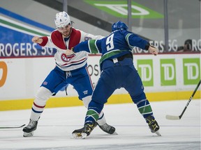 Canadiens defenceman Ben Chiarot squares off during fight with the Canucks’ J.T. Miller during first period of game on March 10 in Vancouver.