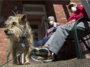 To ward off COVID-19, Eva and Myron Echenberg wear masks on their front porch in the Westmount area of Montreal on March 21, 2021, as their dog Perry looks at people passing by.