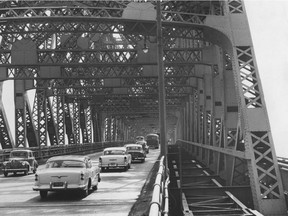 Cars cross the Jacques-Cartier Bridge circa 1950. Starting in the 1920s and for about 50 years, lead was added to gasoline to prevent engine knock. "By the 1970s studies had shown that average blood lead levels had risen sharply, especially in children, and that people who lived close to highways had higher levels," Joe Schwarcz writes.