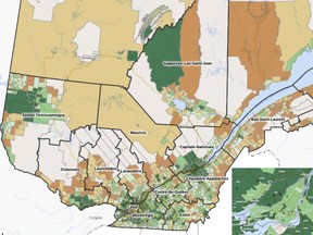 Locations by economic vitality index ranking in Quebec and Montreal (inset). Dark green regions are in the first quintile and orange regions in the fifth.