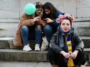 Women take part in a demonstration to call for gender equality and demanding an end to violence against women for the International Women's Day in Brussels, Belgium, March 8, 2021.