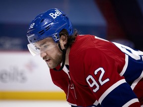 Montreal Canadiens left-wing Jonathan Drouin during action against the Ottawa Senators in Montreal on March 2, 2021.