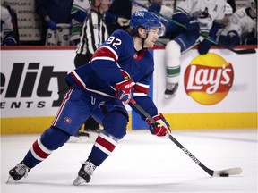 Montreal Canadiens winger Jonathan Drouin during action against the Vancouver Canucks in Montreal on March 20, 2021.