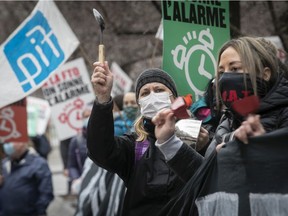 Public sector workers held a day of protest outside Premier Legault's office on Wednesday, March 31, 2021. Health-care and social services workers have been without a contract for more than one year.