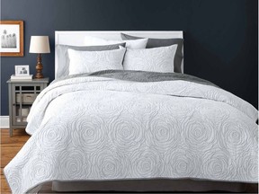 White and neutral tones help to create a relaxing place to snooze during the hot summer months. Hometrends Rose White quilt set, $90, Walmart.ca