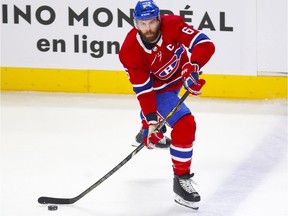 Montreal Canadiens defenceman Shea Weber moves the puck during first period against the Calgary Flames in Montreal on April 14, 2021.
