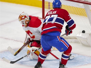 Montreal Canadiens Brett Kulak scores on Jocob Markstrom during second period at the Bell Centre in Montreal on Wednesday April 14, 2021.
