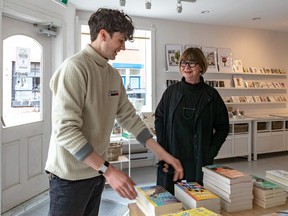 Aude Le Dubé, owner of popular Plateau bookstore De Stiil, with with first time author Braedan Houtman. The bookstore sells only English books and is owned by a francophone from France.