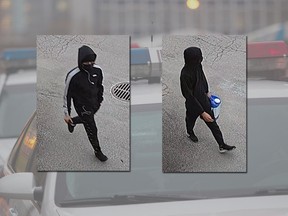 Video images taken by a surveillance camera show two suspects throwing a projectile toward the building, then entering the premises carrying a gas canister.