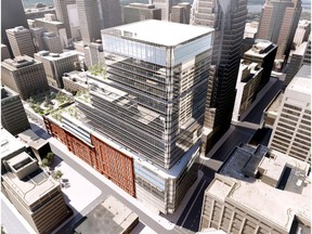 Artist's rendition of a 25-storey office tower atop the Hudson Bay building on Ste-Catherine St. W.