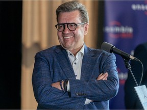 Former Montreal Mayor Denis Coderre at the announcement of new Ensemble Montreal team members Serge Sasseville and Guillaume Lavoie on April 28, 2021.