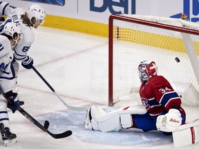 Maple Leafs' William Nylander beats Canadiens goalie Jake Allen during a first-period power play Wednesday night at the Bell Centre.