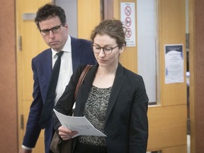 Lawyer Perri Ravon and Mark Power leave the courtroom during the Quebec English School Boards Association's challenge of Bill 40 last June. Ravon was back representing QESBA in Quebec Superior Court on Wednesday.