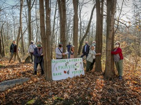 Save the Fairview Forest members gather in the wooded area west of the Fairview Pointe-Claire shopping centre, on Nov. 10, 2020. Two new city councilors and mayor-elect Tim Thomas championed the group's cause during the recent election campaign.