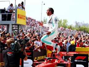 Race winner Lewis Hamilton of Great Britain and Mercedes GP celebrates at Circuit Gilles Villeneuve on June 9, 2019 in Montreal. The Canadian Grand Prix was not held in 2020.