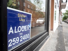 A Shiller Lavy for rent sign in the window of De Gaulle Helou's Saint-Viateur Street bakery in Montreal, on Thursday, July 11, 2019.