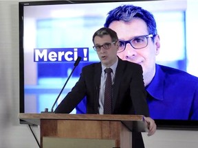 Éric Duhaime gives his victory speech as the new leader of the Conservative Party of Quebec on Saturday, April 17, 2021.