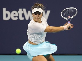 Bianca Andreescu hits a backhand against Maria Sakkari in the women's singles semifinal in the Miami Open at Hard Rock Stadium on April 2, 2021.
