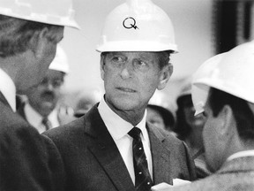 Prince Philip, Duke of Edinburgh, tours a Hydro Québec research lab in Varennes, Quebec, in May 1989.