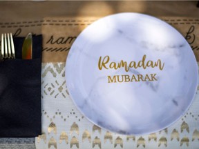 A Ramadan plate designed by Lebanese-American designer and owner of Eid Creations, Rana Bacaloni, is displayed on April 9, 2021, in Santa Monica, California.