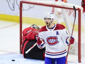 The Canadiens’ Paul Byron celebrates after scoring short-handed goal in second period of Thursday night’s 4-1 win over the Senators in Ottawa.