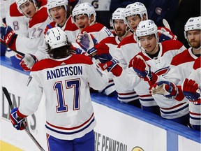 The Canadiens’ Josh Anderson celebrates after scoring the first of his two goals in Wednesday night’s 4-3 win over the Oilers in Edmonton.