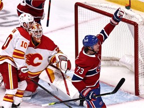 Canadiens' Tyler Toffoli celebrates the first of his two goals on April 16, 2021, at the Bell Centre in Montreal's 2-1 win over the Flames.