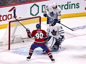 Montreal Canadiens left wing Tomas Tatar scores against Toronto Maple Leafs goaltender Jack Campbell and centre Auston Matthews during the first period at Bell Centre on Monday, April 12, 2021.