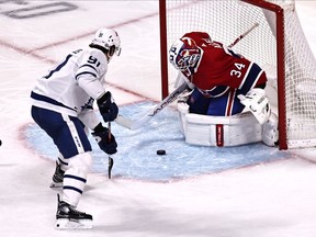 Canadiens goalie Jake Allen makes save on the Toronto Maple Leafs’ John Tavares during game at the Bell Centre Monday night.