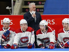 Montreal Canadiens head coach Dominique Ducharme during the third period against the Toronto Maple Leafs at Scotiabank Arena April 7, 2021.