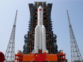 The Long March-5B Y2 rocket, carrying the core module of China's space station Tianhe, sits at the launch pad of Wenchang Space Launch Center in Hainan province, China April 23, 2021. China Daily via REUTERS  ATTENTION EDITORS - THIS IMAGE WAS PROVIDED BY A THIRD PARTY. CHINA OUT.