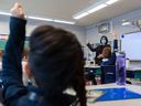 The EMSB displayed its newly installed air purifiers at Pierre Elliott Trudeau Elementary School in Montreal on Monday, January 11, 2021. The HEPA filter hangs on the wall in the background as Principal Tanya Alvarez takes charge of a class at the school. primary.  More schools should have such air filters, suggest Jill Baumgartner and Scott Weichenthal.