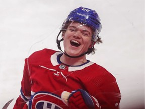 Montreal Canadiens rookie Cole Caufield celebrates his game-winning goal during overtime of National Hockey League game against the Toronto Maple Leafs in Montreal Monday May 3, 2021.