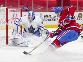 Montreal Canadiens' Tyler Toffoli cuts to the net on Toronto Maple Leafs' Jack Campbell during first period in Montreal on May 3, 2021.