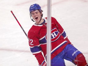 Montreal Canadiens winger Cole Caufield celebrates his overtime goal against the Toronto Maple Leafs in Montreal on May 3, 2021.