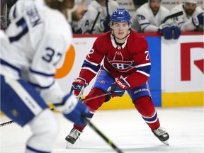 Montreal Canadiens winger Cole Caufield forechecks during first period against the Toronto Maple Leafs in Montreal on May 3, 2021.